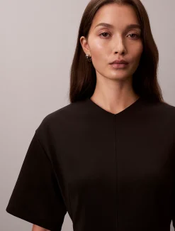 Calvin Klein Glattes Stretch-Kleid mit V-Ausschnitt und kurzen Ärmeln^Damen Kleider & Röcke
