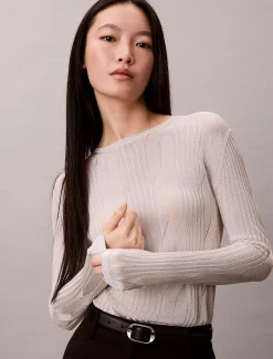 Calvin Klein Glänzender Pullover mit Rundhalsausschnitt aus Zopfstrick^Damen Strickdesigns