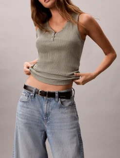 Calvin Klein Henley-Tanktop aus gerippter Baumwolle^Damen T-shirts & Tops