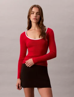 Calvin Klein Klassischer Pullover mit U-Ausschnitt aus Baumwollgemisch^Damen Strickdesigns