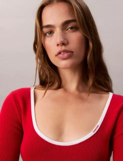 Calvin Klein Klassischer Pullover mit U-Ausschnitt aus Baumwollgemisch^Damen Strickdesigns