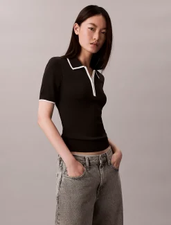 Calvin Klein Klassisches Polohemd mit Viertelreißverschluss^Damen Strickdesigns
