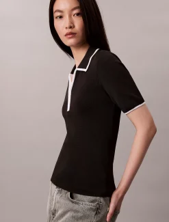 Calvin Klein Klassisches Polohemd mit Viertelreißverschluss^Damen Strickdesigns