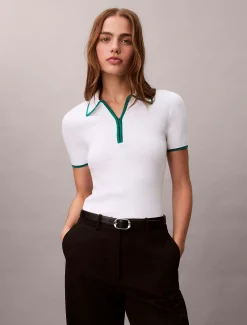 Calvin Klein Klassisches Polohemd mit Viertelreißverschluss^Damen Strickdesigns