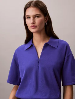 Calvin Klein Kurzärmeliger Polo-Pullover mit Reißverschluss^Damen Strickdesigns