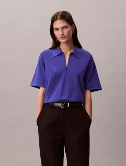 Calvin Klein Kurzärmeliger Polo-Pullover mit Reißverschluss^Damen Strickdesigns