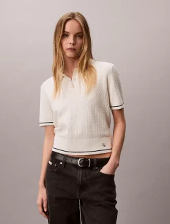 Calvin Klein Kurzärmliger Pullover mit Zopfstrickmuster^Damen Strickdesigns