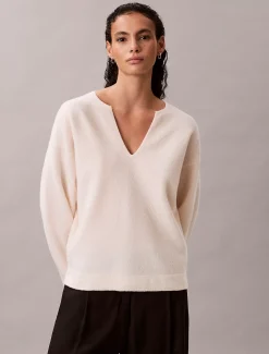 Calvin Klein Langärmeliges Oberteil mit V-Ausschnitt aus gekochter Wolle^Damen Strickdesigns