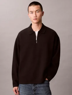 Calvin Klein Langärmeliges Poloshirt aus Knitter-Krepp mit Viertelreißverschluss^Herren Hemden & Poloshirts