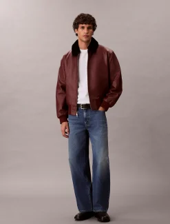 Calvin Klein Leder-Bomberjacke mit Shearling-Kragen^Herren JackenFrisch Eingetroffen