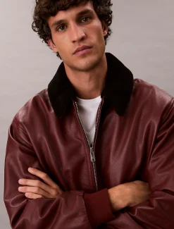 Calvin Klein Leder-Bomberjacke mit Shearling-Kragen^Herren JackenFrisch Eingetroffen