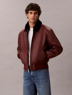 Calvin Klein Leder-Bomberjacke mit Shearling-Kragen^Herren JackenFrisch Eingetroffen