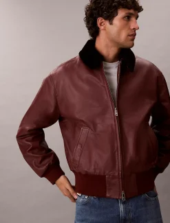 Calvin Klein Leder-Bomberjacke mit Shearling-Kragen^Herren JackenFrisch Eingetroffen