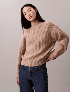 Calvin Klein Lässiger, dicker Rippen-Pullover mit Rollkragen^Damen Strickdesigns