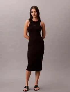 Calvin Klein Midi-Trägerkleid aus gerippter Baumwolle^Damen Kleider & Röcke