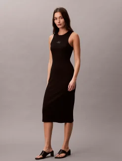 Calvin Klein Midi-Trägerkleid aus gerippter Baumwolle^Damen Kleider & Röcke