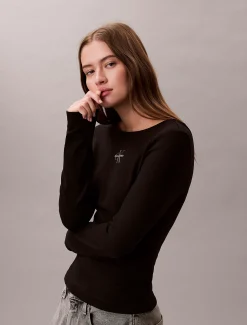 Calvin Klein Monologo T-Shirt mit U-Ausschnitt^Damen T-shirts & Tops