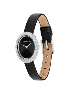 Calvin Klein Ovalförmige Uhr mit Kristallen und Lederarmband^Damen Uhren & Schmuck