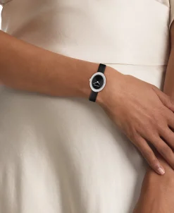 Calvin Klein Ovalförmige Uhr mit Kristallen und Lederarmband^Damen Uhren & Schmuck