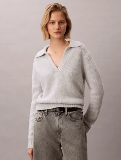 Calvin Klein Polo-Pullover aus Bouclé-Merinowolle^Damen Strickdesigns