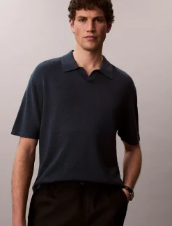 Calvin Klein Poloshirt aus Leinen-Mix mit offenem Kragen^Herren Strickdesigns