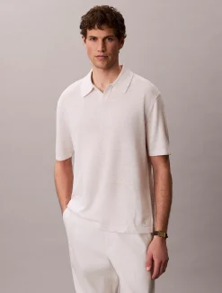 Calvin Klein Poloshirt aus Leinen-Mix mit offenem Kragen^Herren Strickdesigns
