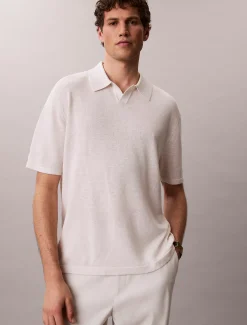 Calvin Klein Poloshirt aus Leinen-Mix mit offenem Kragen^Herren Strickdesigns