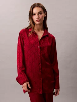 Calvin Klein Pyjama-Hemd mit Satin-Glanz und Print^Damen Dessous|Nachtwäsche & Loungewear