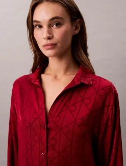 Calvin Klein Pyjama-Hemd mit Satin-Glanz und Print^Damen Dessous|Nachtwäsche & Loungewear