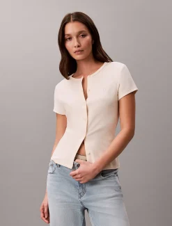 Calvin Klein Schmal geschnittenes, geripptes T-Shirt mit Knopfleiste^Damen T-shirts & Tops