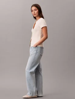 Calvin Klein Schmal geschnittenes, geripptes T-Shirt mit Knopfleiste^Damen T-shirts & Tops