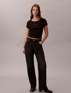 Calvin Klein Schmales Badge-T-Shirt aus gerippter Baumwolle^Damen T-shirts & Tops