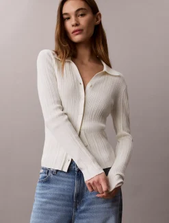 Calvin Klein Schmales Henley-Top aus gerippter Baumwolle^Damen T-shirts & Tops