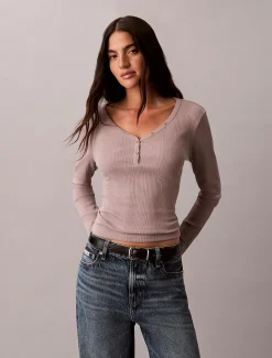 Calvin Klein Schmales Henley-Top aus gerippter Baumwolle^Damen T-shirts & Tops