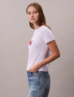 Calvin Klein Schmales T-Shirt mit geteilter Logo-Grafik^Damen T-shirts & Tops