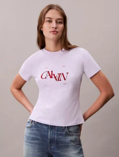 Calvin Klein Schmales T-Shirt mit geteilter Logo-Grafik^Damen T-shirts & Tops