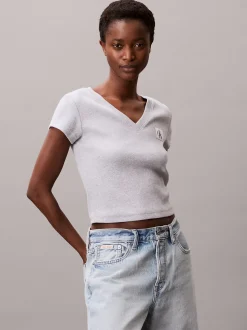 Calvin Klein Schmales T-Shirt mit V-Ausschnitt aus gerippter Baumwolle^Damen T-shirts & Tops