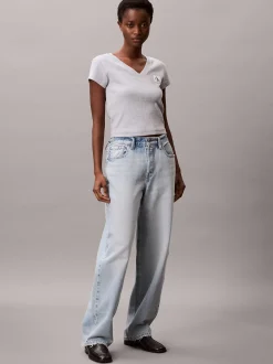 Calvin Klein Schmales T-Shirt mit V-Ausschnitt aus gerippter Baumwolle^Damen T-shirts & Tops