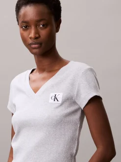 Calvin Klein Schmales T-Shirt mit V-Ausschnitt aus gerippter Baumwolle^Damen T-shirts & Tops