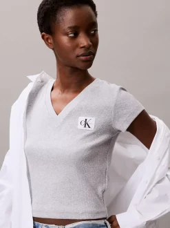 Calvin Klein Schmales T-Shirt mit V-Ausschnitt aus gerippter Baumwolle^Damen T-shirts & Tops