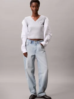 Calvin Klein Schmales T-Shirt mit V-Ausschnitt aus gerippter Baumwolle^Damen T-shirts & Tops