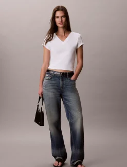 Calvin Klein Schmales T-Shirt mit V-Ausschnitt aus gerippter Baumwolle^Damen T-shirts & Tops