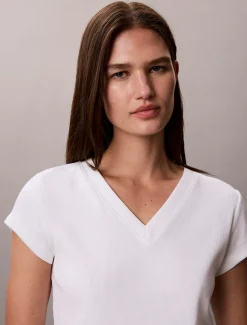 Calvin Klein Schmales T-Shirt mit V-Ausschnitt aus gerippter Baumwolle^Damen T-shirts & Tops