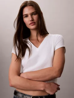 Calvin Klein Schmales T-Shirt mit V-Ausschnitt aus gerippter Baumwolle^Damen T-shirts & Tops