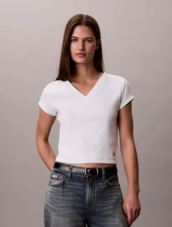 Calvin Klein Schmales T-Shirt mit V-Ausschnitt aus gerippter Baumwolle^Damen T-shirts & Tops