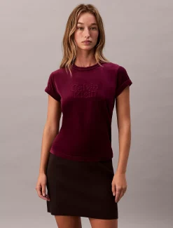 Calvin Klein Schmales Velours-T-Shirt mit grafischem Logo^Damen T-shirts & Tops