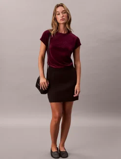 Calvin Klein Schmales Velours-T-Shirt mit grafischem Logo^Damen T-shirts & Tops