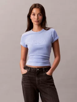 Calvin Klein Schmales Velours-T-Shirt mit grafischem Logo^Damen T-shirts & Tops