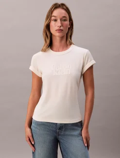 Calvin Klein Schmales Velours-T-Shirt mit grafischem Logo^Damen T-shirts & Tops