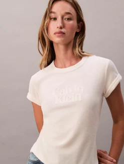 Calvin Klein Schmales Velours-T-Shirt mit grafischem Logo^Damen T-shirts & Tops